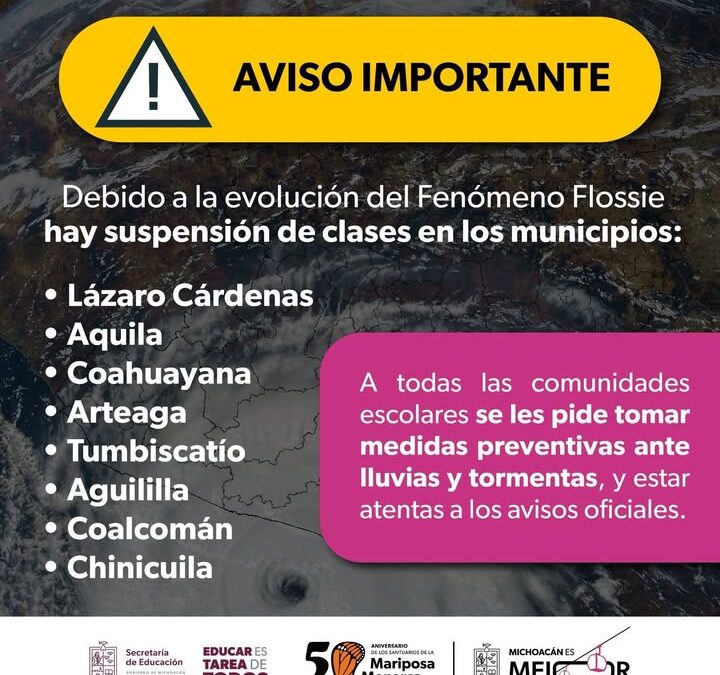 Por Tormenta Tropical Flossie se suspenderán clases en 8 municipios