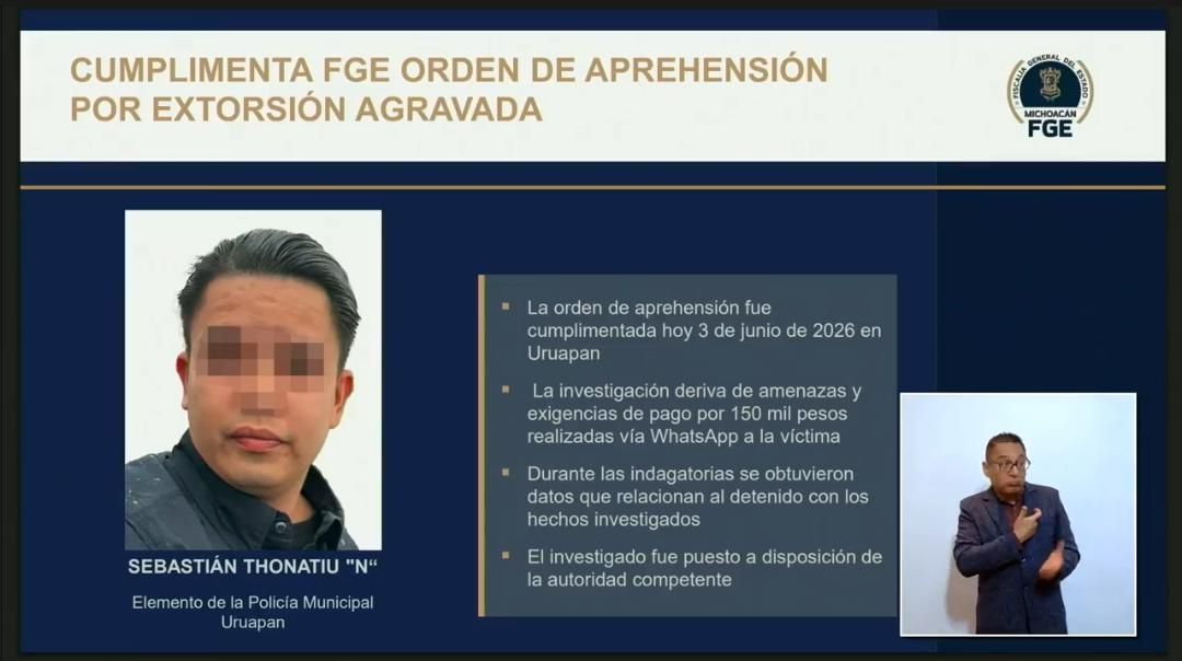 Detienen a policía municipal de Uruapan acusado de extorsión